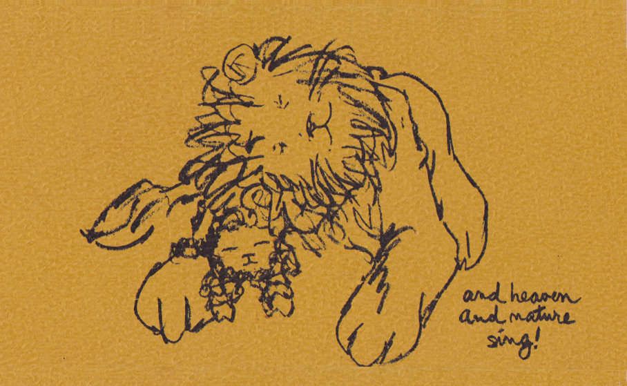 Lion and lamb, with hand written "and heaven and nature sing!)