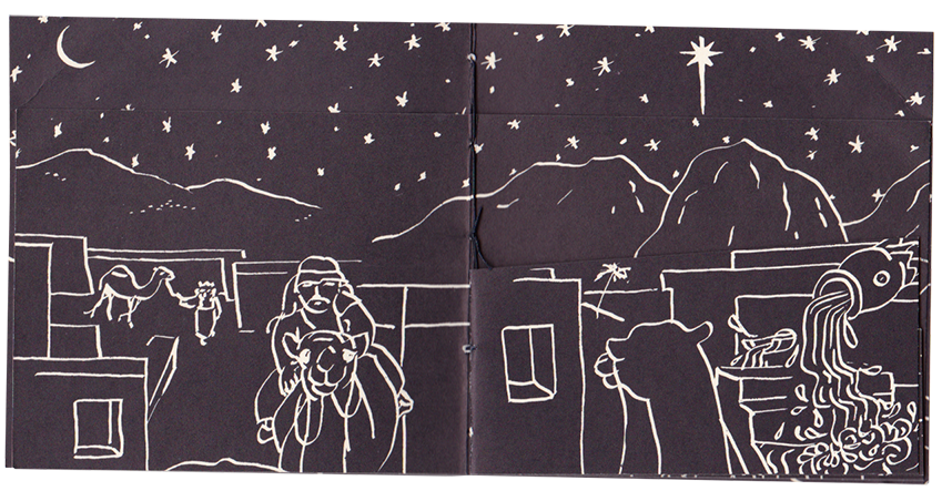 Black pages with white drawing donw with calligraphy pen.