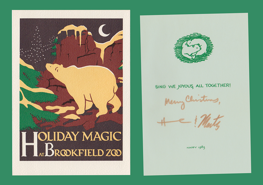 Holiday Magic at Brookfield Zoo image with polar bear looking at holiday lights. Also, small drawing of snuggling polar bears, "Sing we joyous, all together! Merry Christmas, Hannah & Marty, Happy 1985"