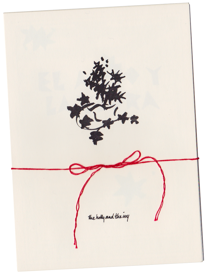"The holly and the ivy" with a loose drawing is the top of pages tied with red embroidery floss