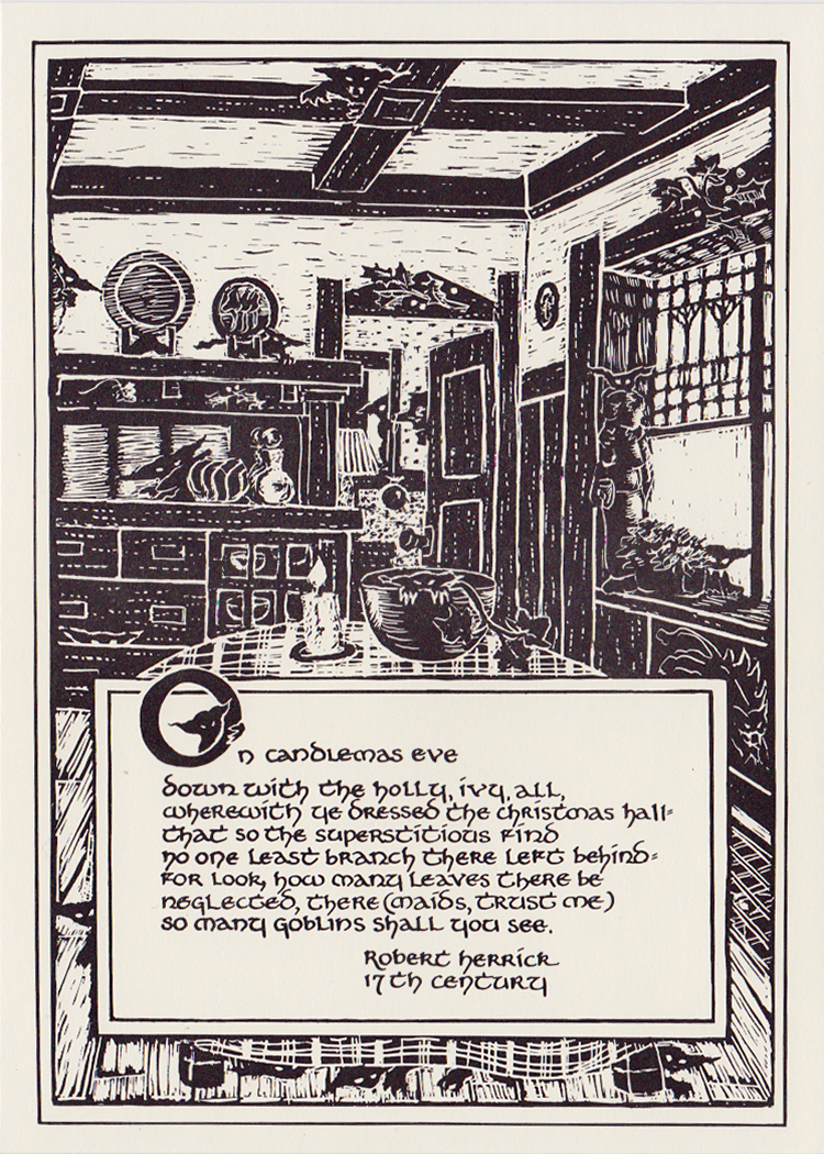 Drawing of my dining room with goblins, and a Robert herrick poem warning that goblins appear if you leave behind holly or ivy leaves