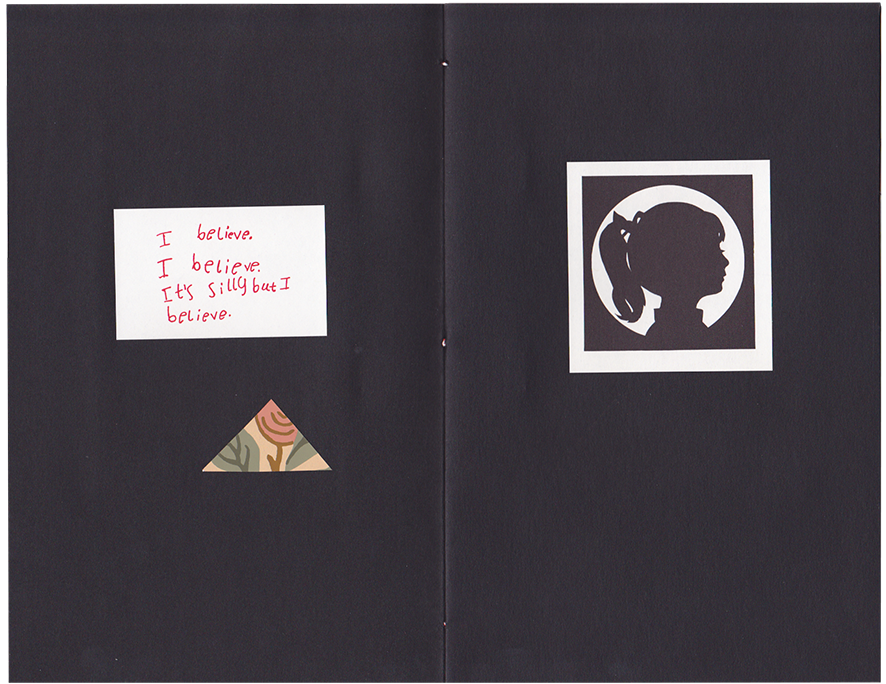 "I believe. I believe. It's silly but I believe." in a child's writing, and a silhouette of a girl