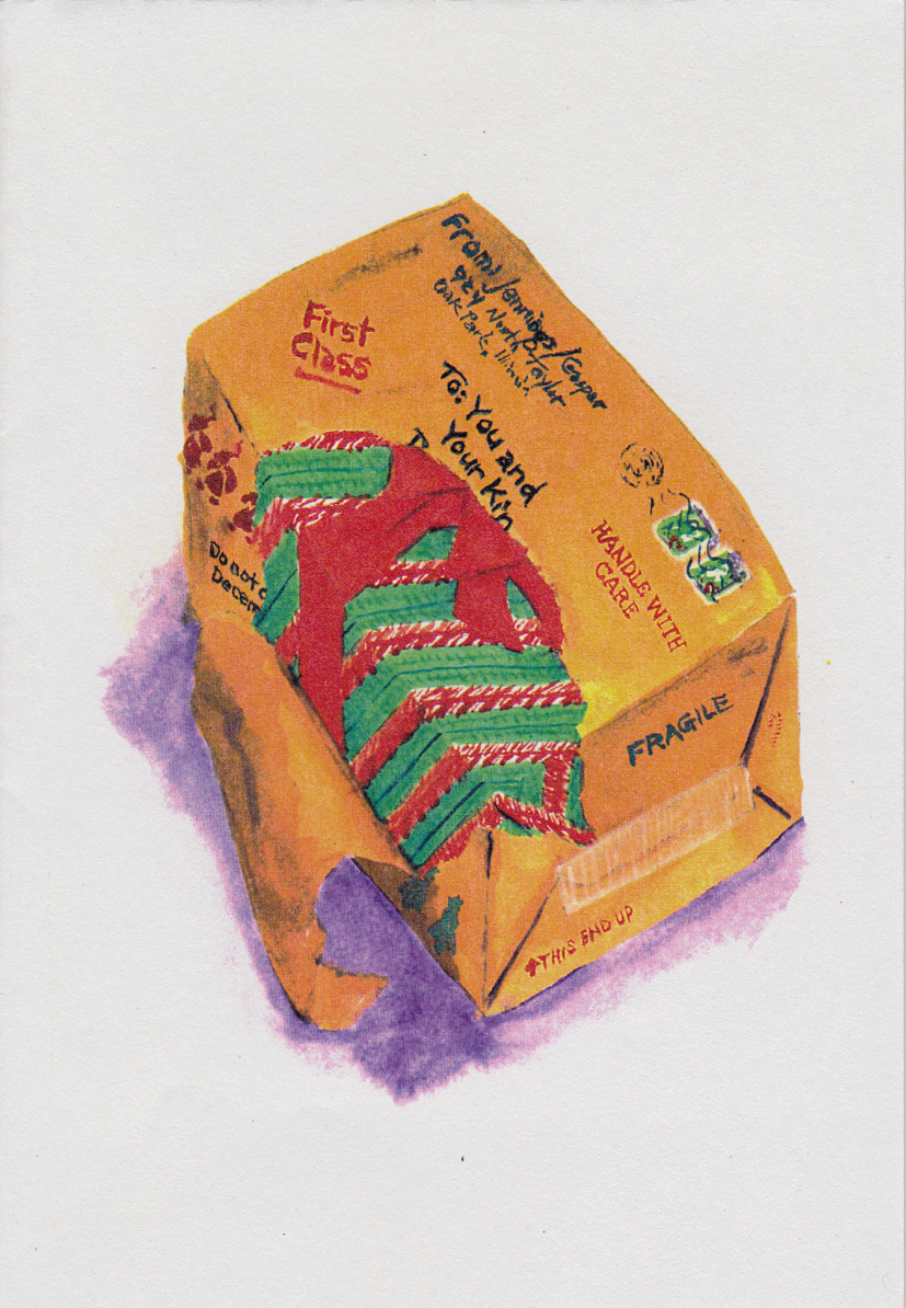 Watercolor of package addressed "To: You and Your Kin"