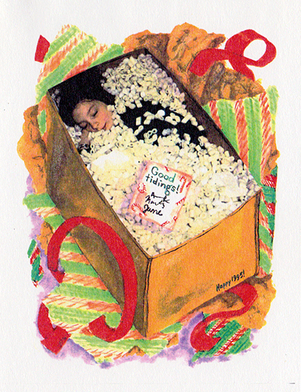 The package is opened to reveal Jane buried in packing peanuts with an enclosure "Good tidings!" and our signatures