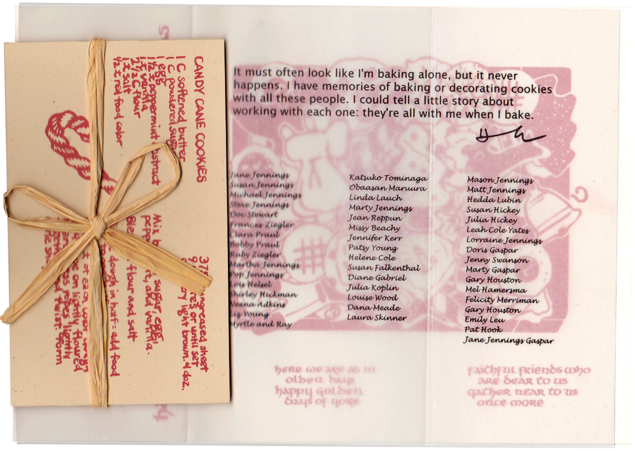 The assembled card, including a list of everyone I had ever baked with.