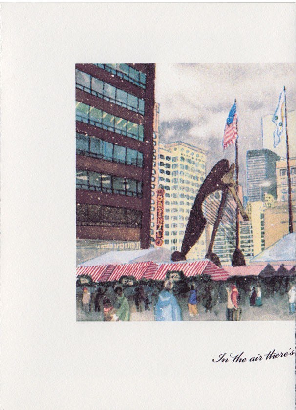 Front of card with half of a watercolor and "In the air there's"