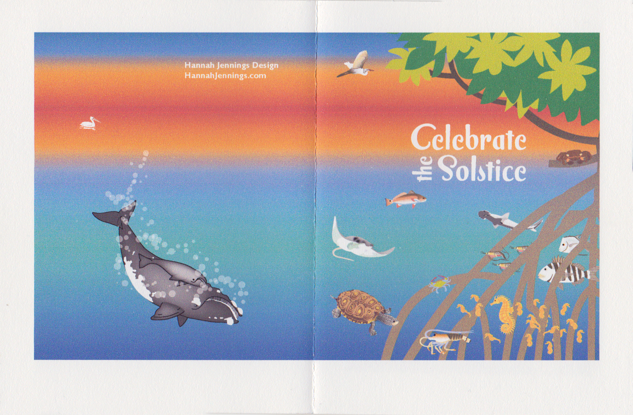 The sea with a whale mother and child, and a community of creatures that depend on mangroves, and "Celebrate the Solstice"