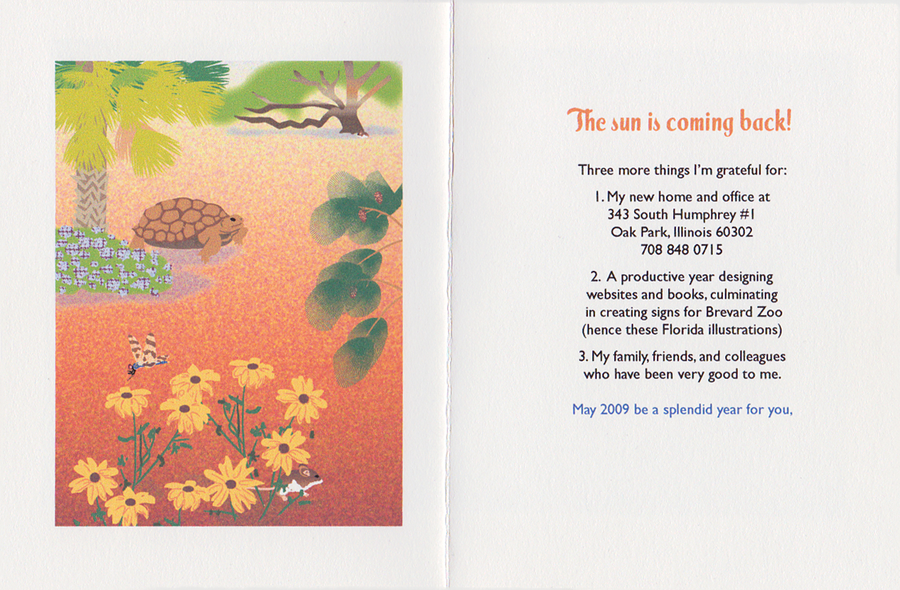 A desert scene, and "The sun is coming back!" with a list of others things I'm grateful for
