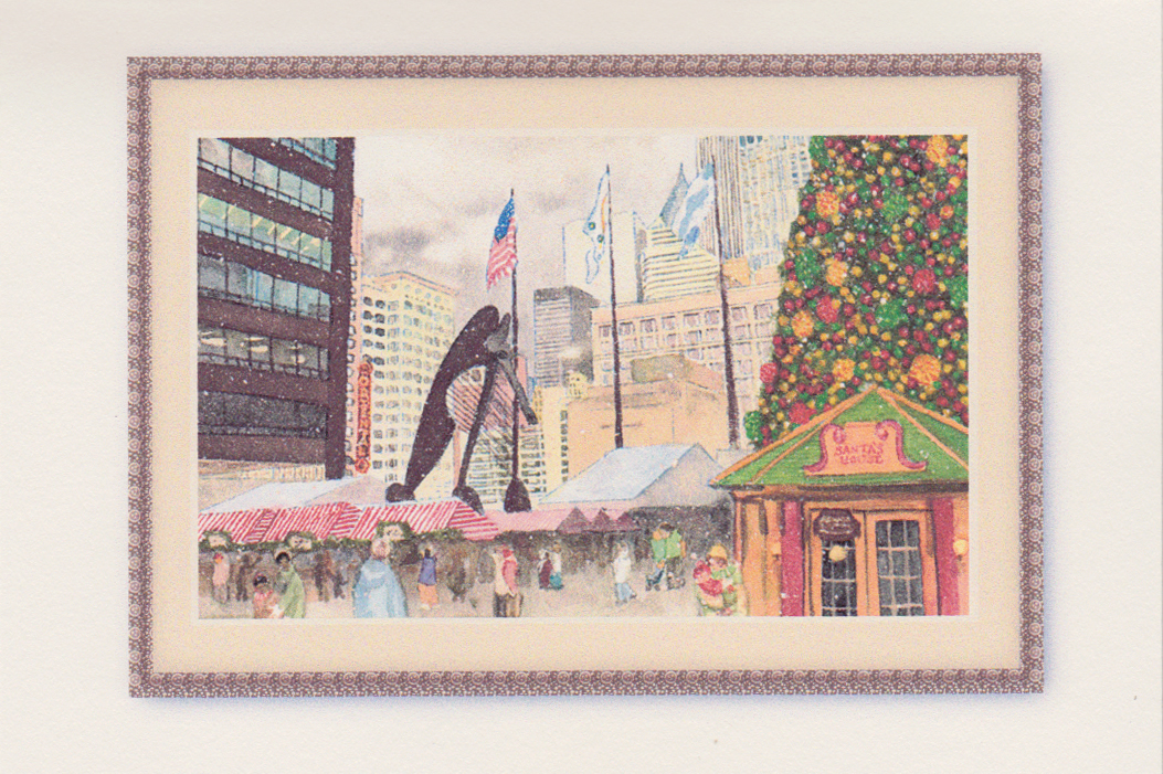 Framed watercolor of Chicago City Hall at Christmas