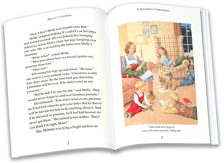 Spread from Molly's  Christmas book with an illustration showing the family quiet together
