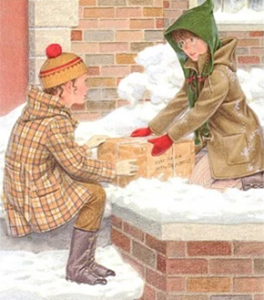 Illustration showing Molly and her friend discovering the package from her father in the snow