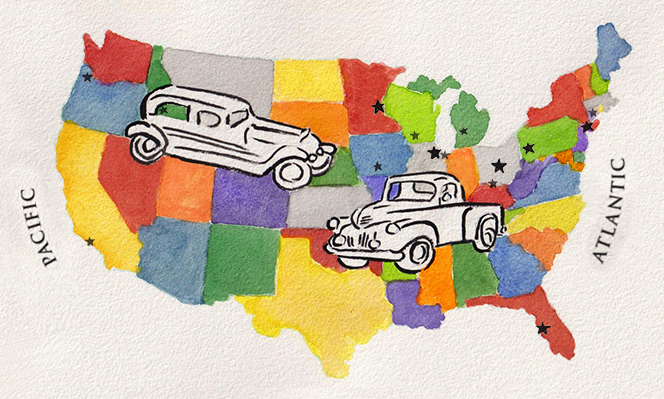 Map of US with states, cars, stars where family and friends live, and ocean labels