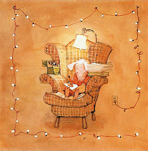 Illustration of Puddle in wing chair signing Christmas cards