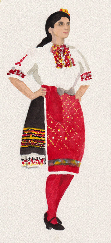 Watercolor of Vania in Bulgarian dance costume