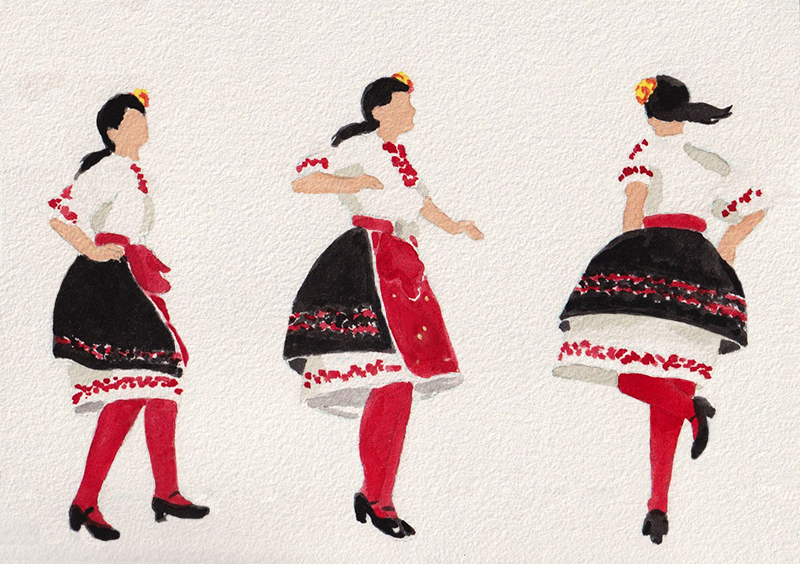 Three watercolors of Vania dancing