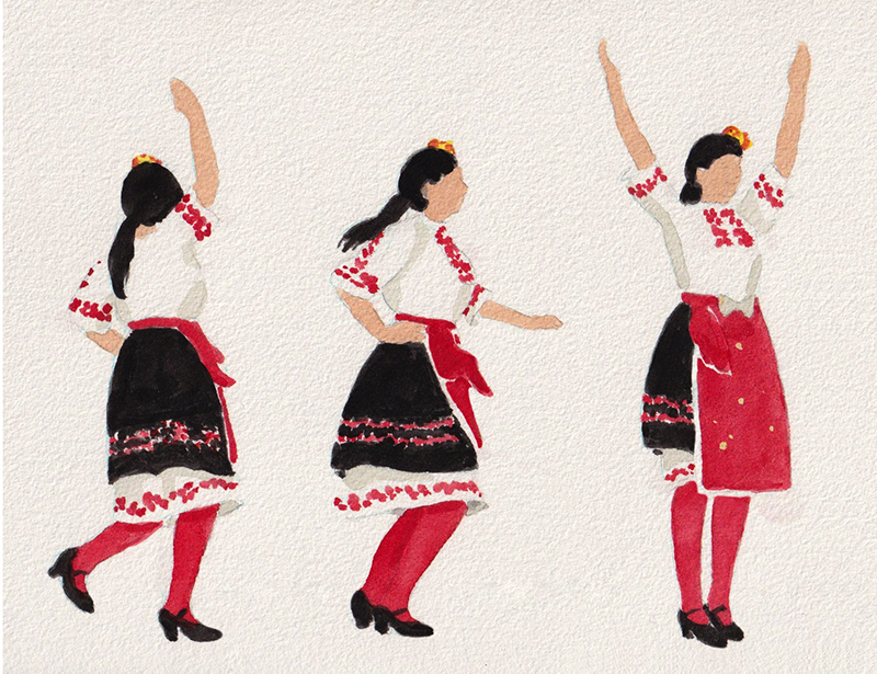 Three watercolors of Vania dancing
