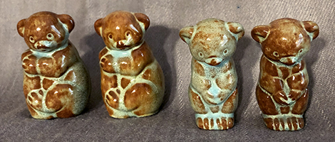 Four Ellen Jennings bears with different Nikodemus glazes