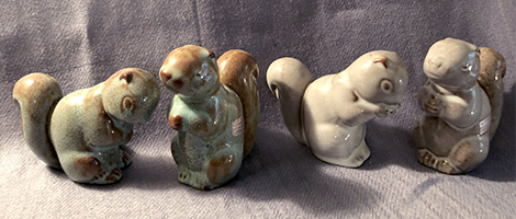 Four Ellen Jennings squirrels with different Nikodemus glazes