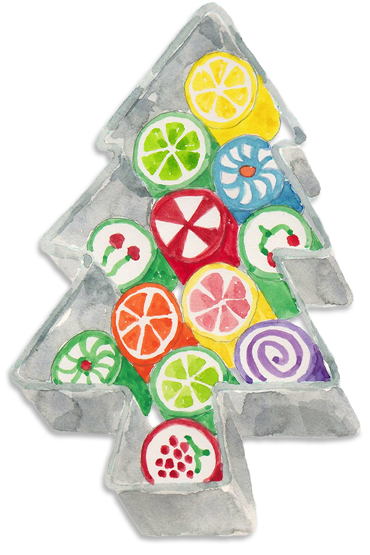 A Christmas tree cookie cutter with candy placedinside