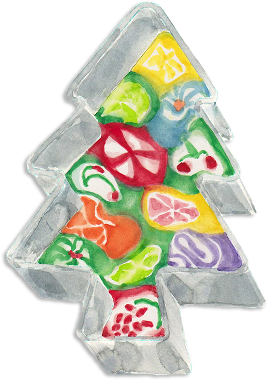 A Christmas tree cookie cutter after candy is melted