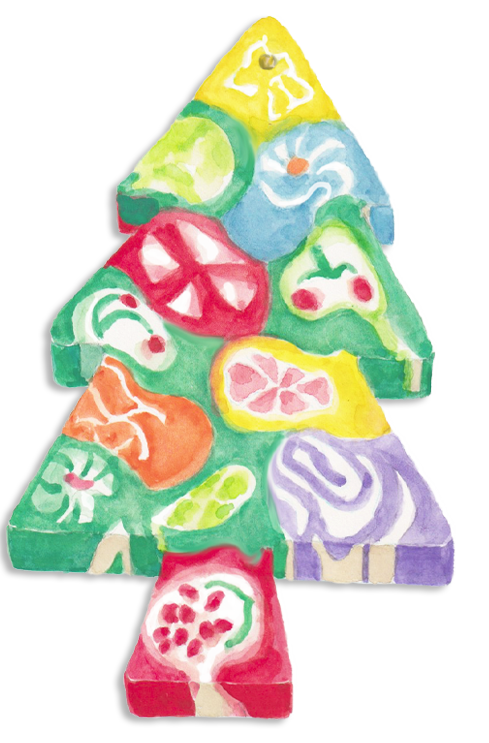 A Christmas tree candy ornament