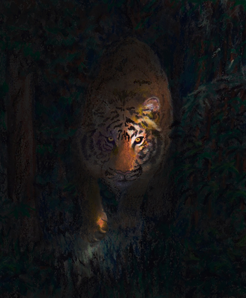 Tiger in a dark forest rendered with watercolor, pastels, and colored pencils.