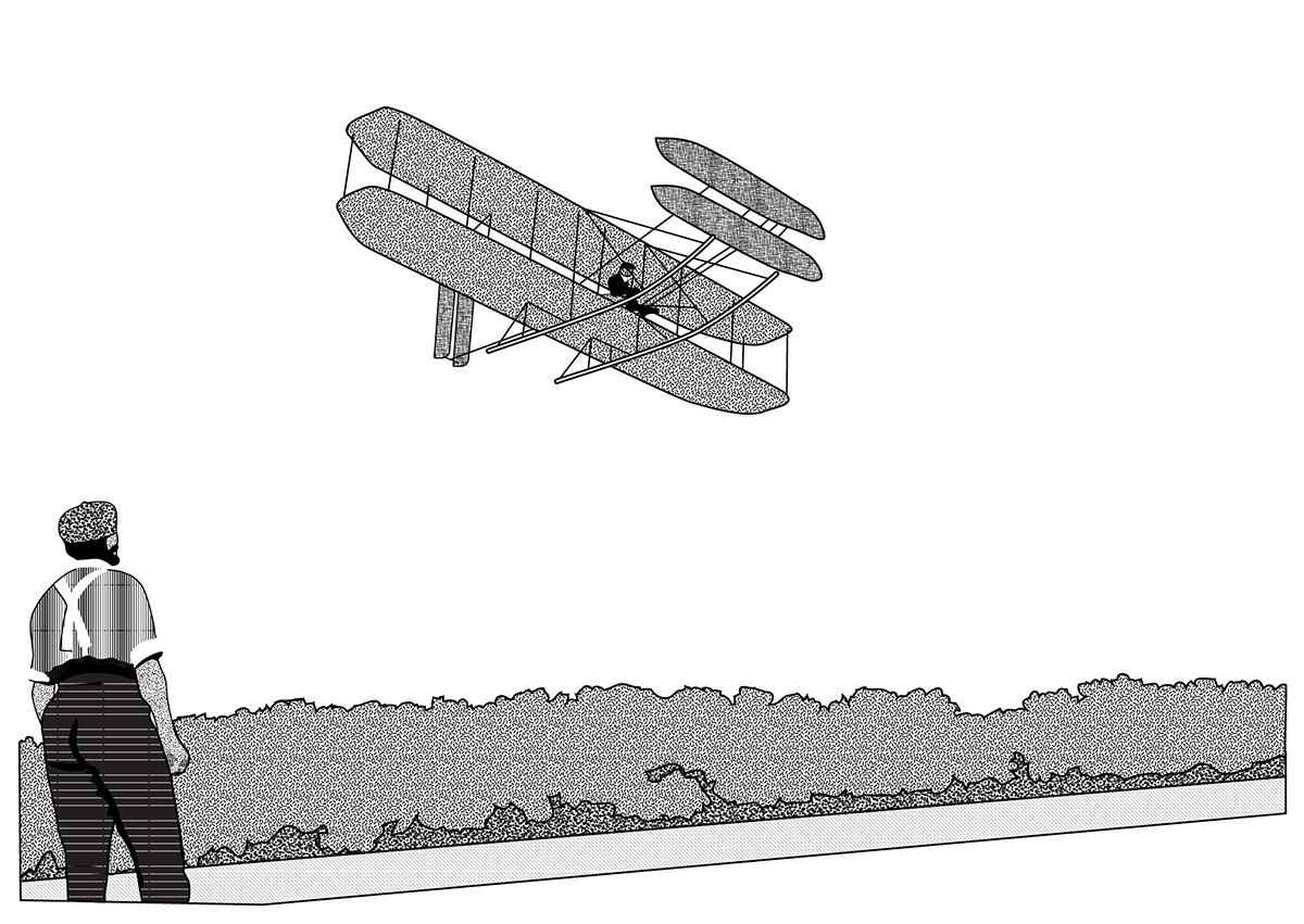 Write airplane in the air with man watching