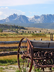 rusty wagon wheel in Idaho mountains