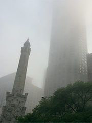 water tower in mist