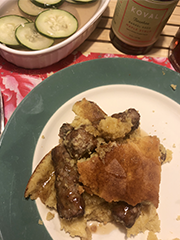 cornbread with sausage baked inside, and cucumbers