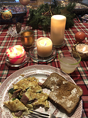omlette and buttered toast with Christmas table