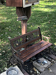 free libarary with child's bench, dog water dish, and free painted rocks
