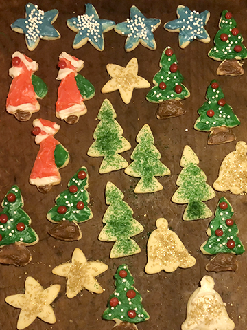 Christmas cookies on antique bread board made by my grandfather