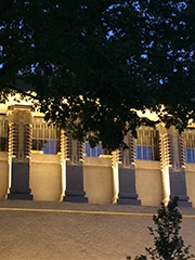Oak Park's Unity Temple pillars at night