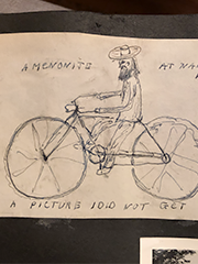 drawing of menonite on bike that my grandfather put in his photo album