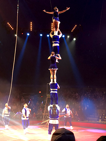 circus acrobats in human column