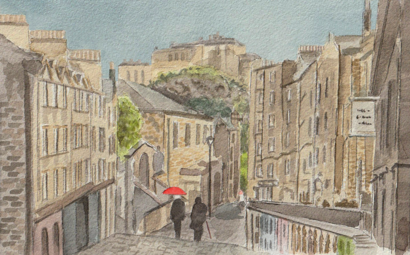 Watercolor of Edinburgh with castle in background