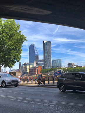View of modern skyscrapers from under bridge