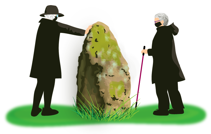Illustration of two women and a standing stone