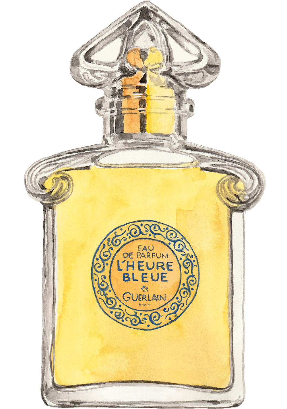 bottle of L'Heure Bleue eau de parfum watercolor