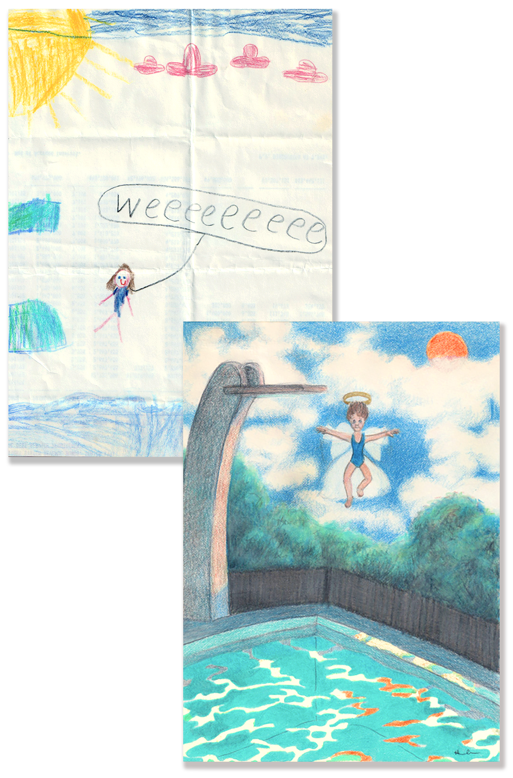 drawings of Jane jumping from the high dive