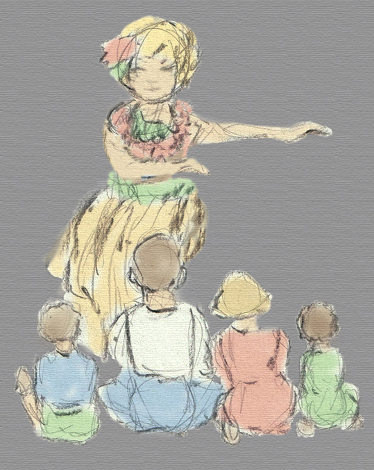 drawing of hula dancing blonde with children watching her