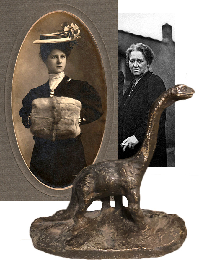 Phoebe young and old, and the dinosaur sculpture