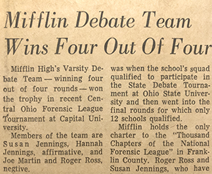 Newspaper clipping with headline "Mifflin Debate Team Wins Four Out Of Four"