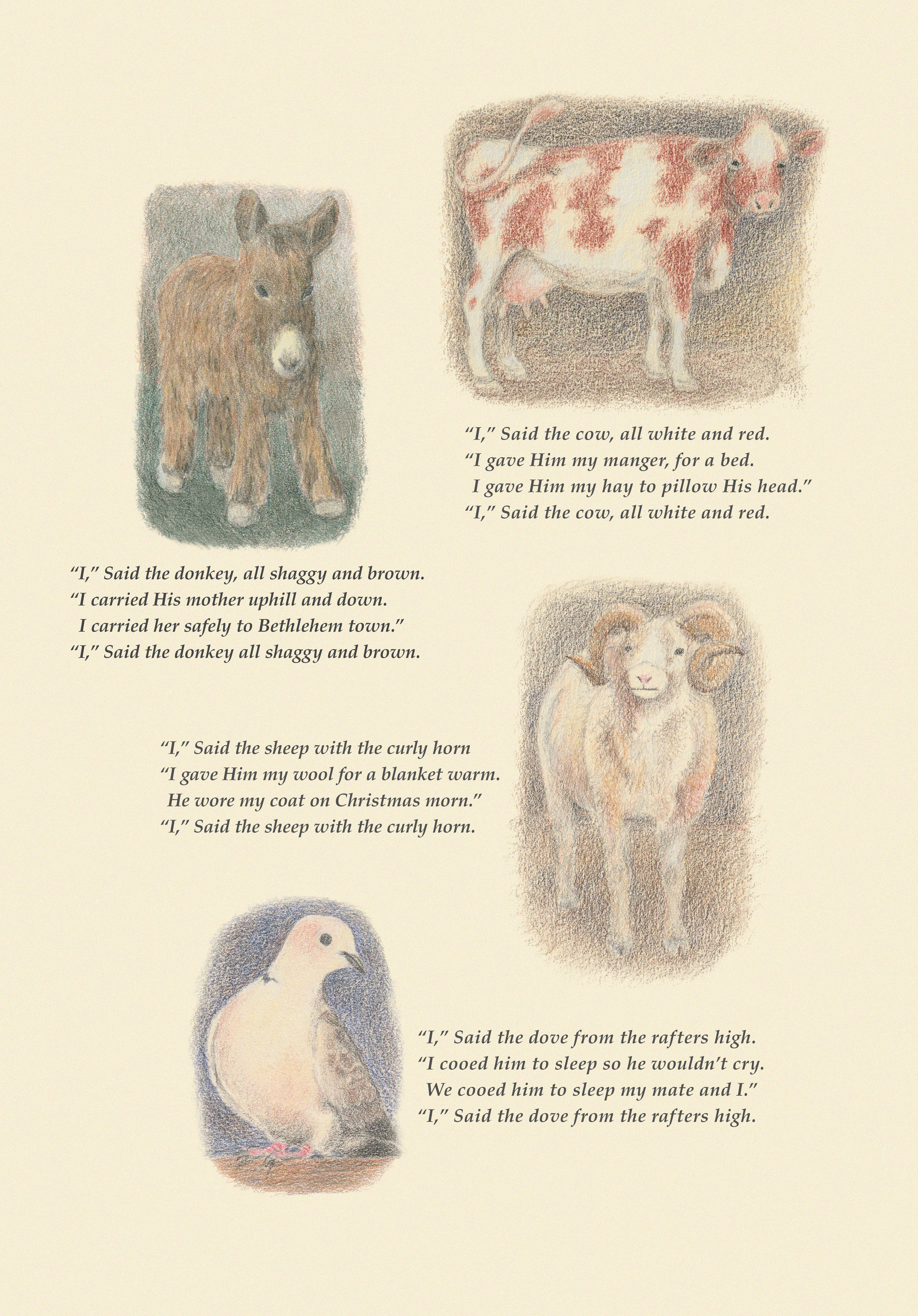 Friendly beeasts carol lyric with colored pencil illustrations