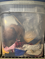 American Girl dolls in storage bin