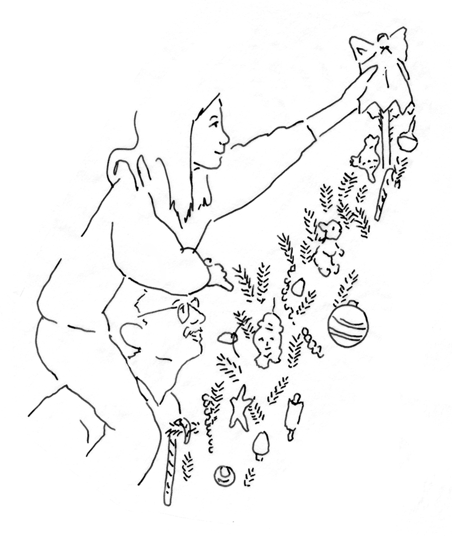 Girl on man's shoulder, putting angel on the tree top