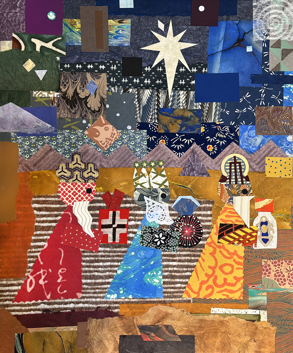 the three kings in a complex collage