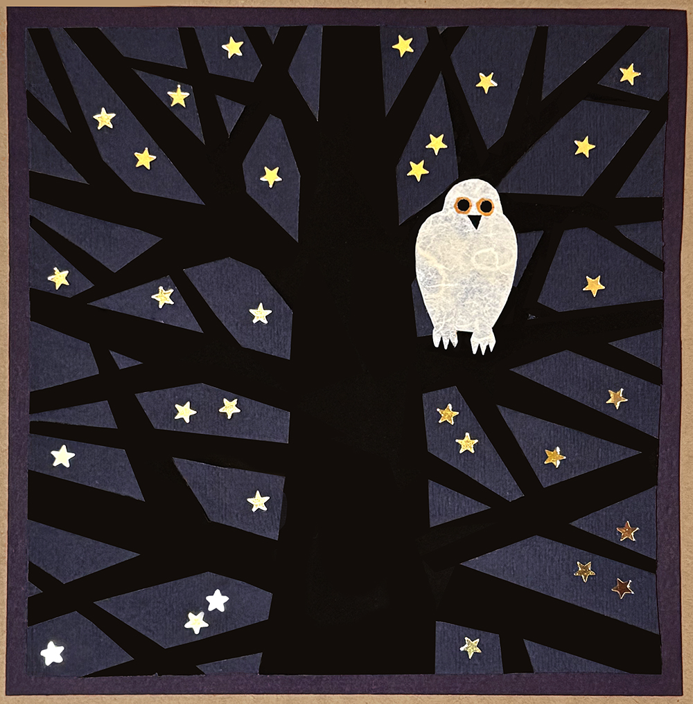Owl in tree with gold stars